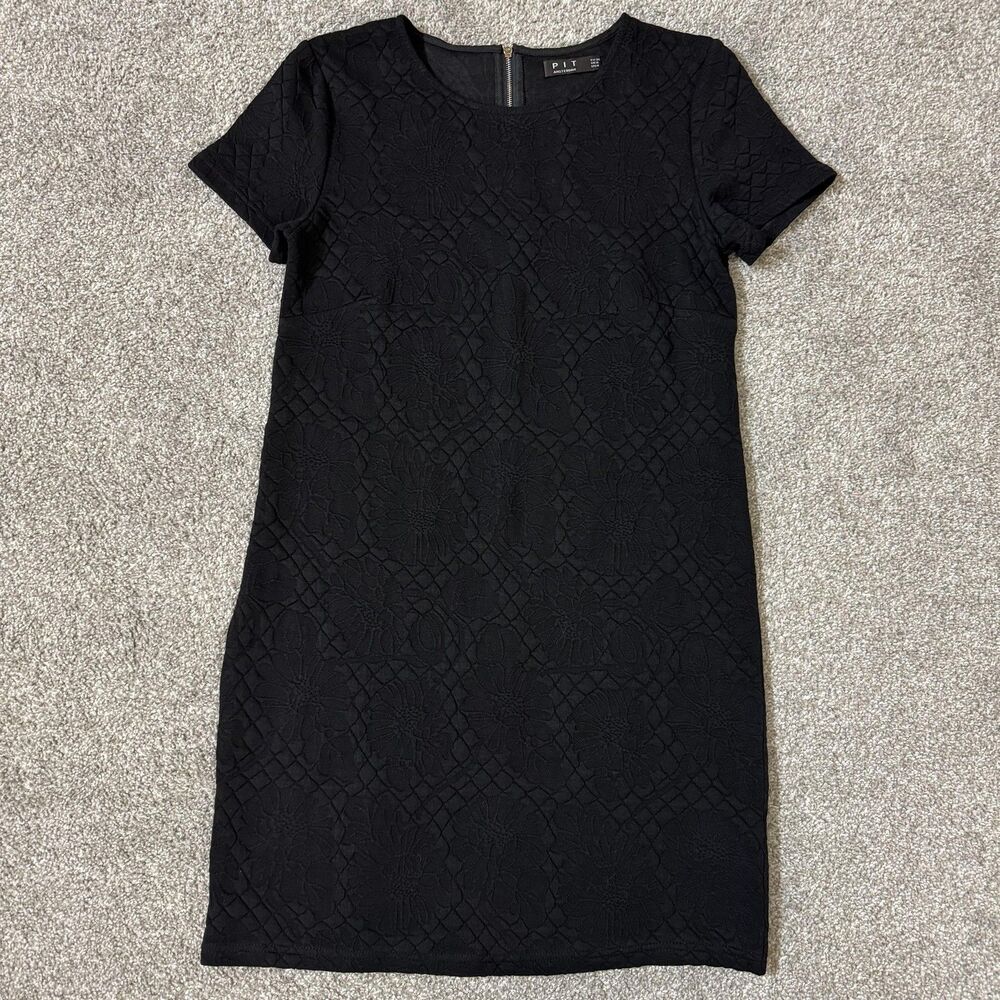 PIT Amsterdam Dress Womens 4 Black Floral Jacquard Short Sleeve Shift Mini